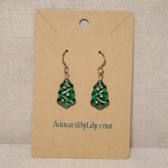 Hand Crafted Handmade Czech Glass Green Christmas Tree Earrings - Picture 2 of 5